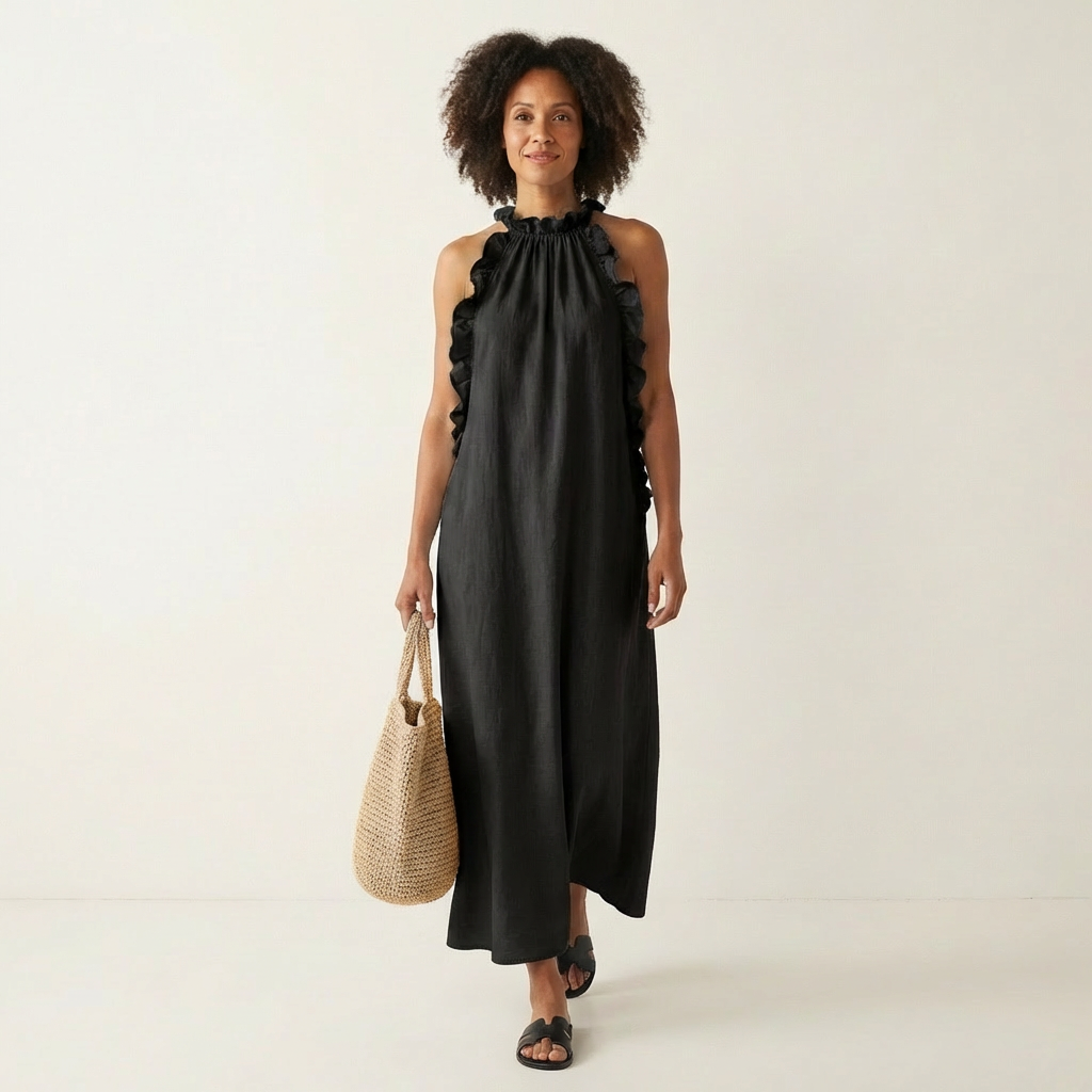 Lyara | Halter Neck Ruffle-Trim Maxi Dress with Open Back & Side Pockets