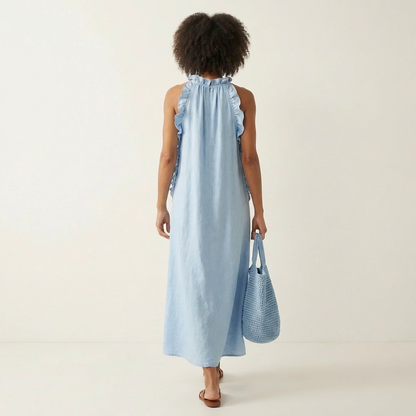 Lyara | Halter Neck Ruffle-Trim Maxi Dress with Open Back & Side Pockets