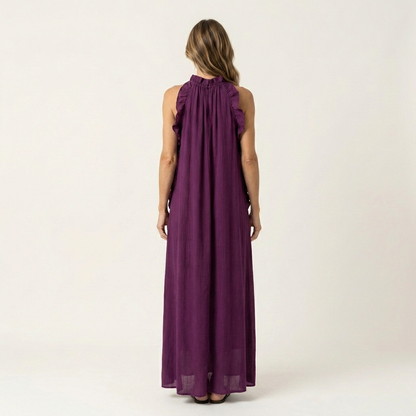 Lyara | Halter Neck Ruffle-Trim Maxi Dress with Open Back & Side Pockets