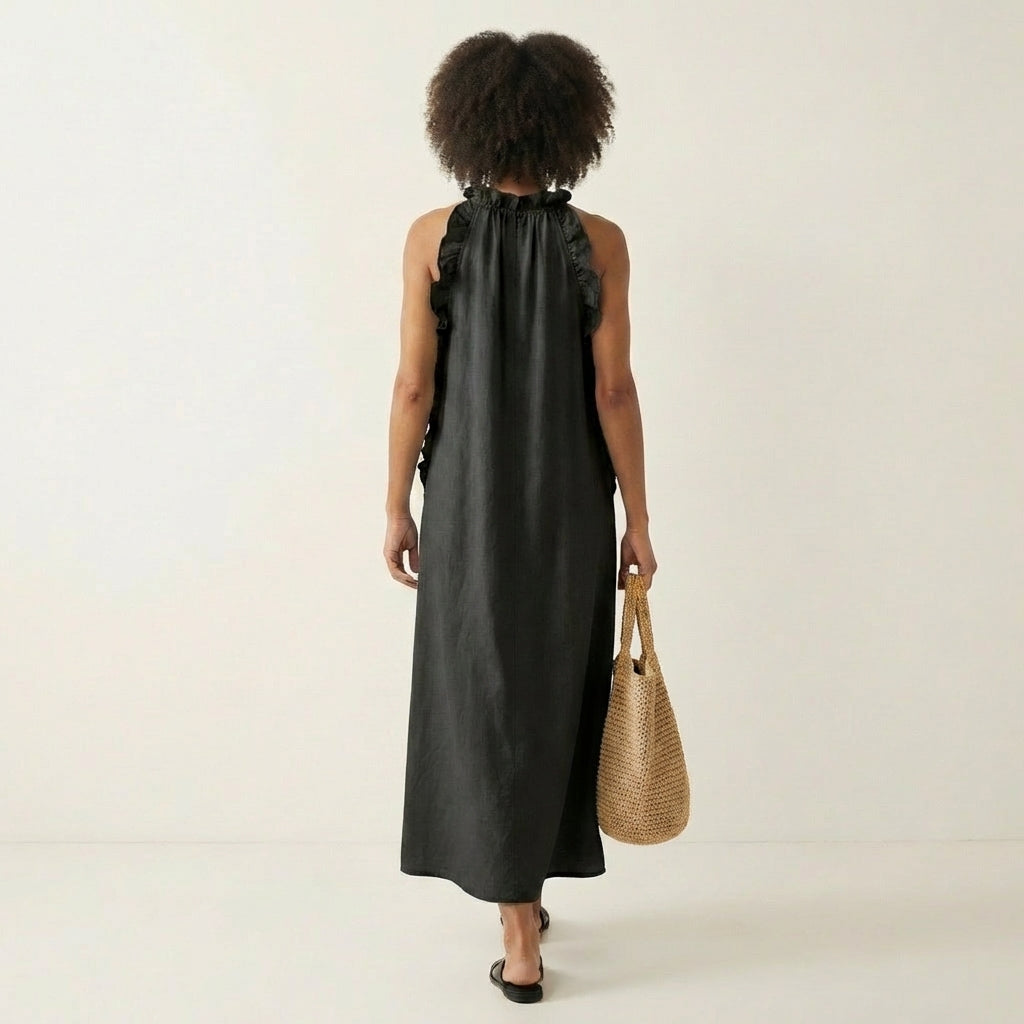 Lyara | Halter Neck Ruffle-Trim Maxi Dress with Open Back & Side Pockets