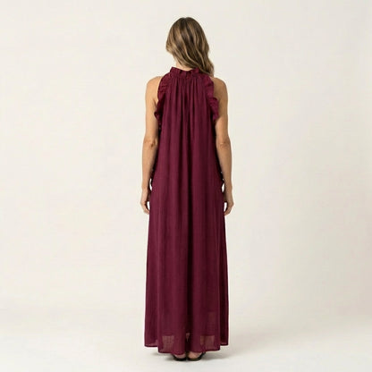 Lyara | Halter Neck Ruffle-Trim Maxi Dress with Open Back & Side Pockets