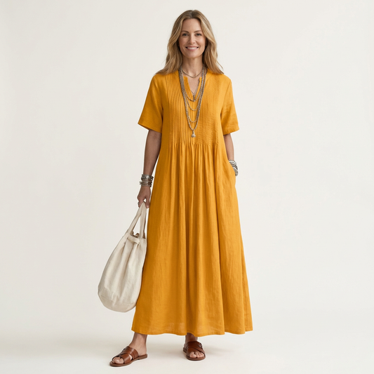 Calea | Pintuck V-Neck Cotton-Linen Maxi Dress with Short Sleeves & Pockets