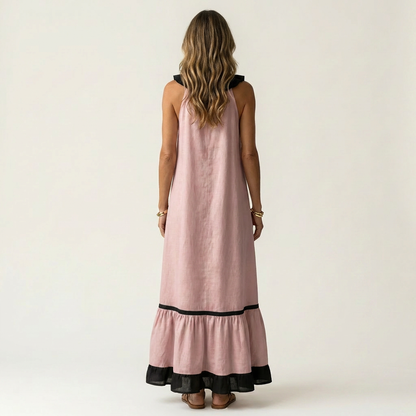 Mayline | Sleeveless Ruffle-Neck Contrast-Trim Maxi Dress