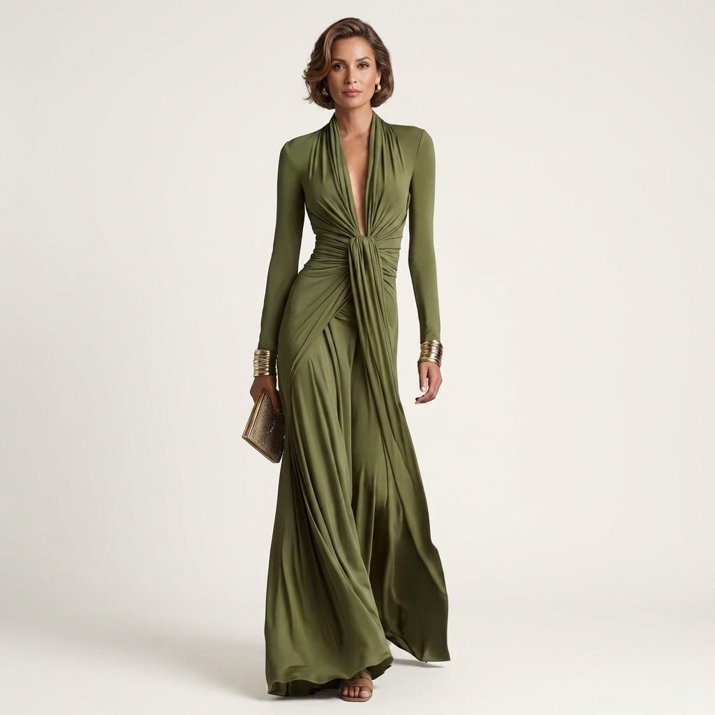 Mey | Deep V-Neck Twist-Knot Long Sleeve Maxi Dress