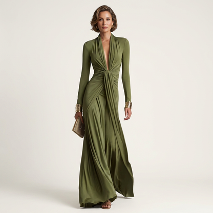 Mey | Deep V-Neck Twist-Knot Long Sleeve Maxi Dress