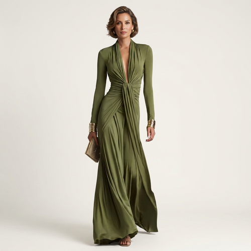 Mey | Deep V-Neck Twist-Knot Long Sleeve Maxi Dress