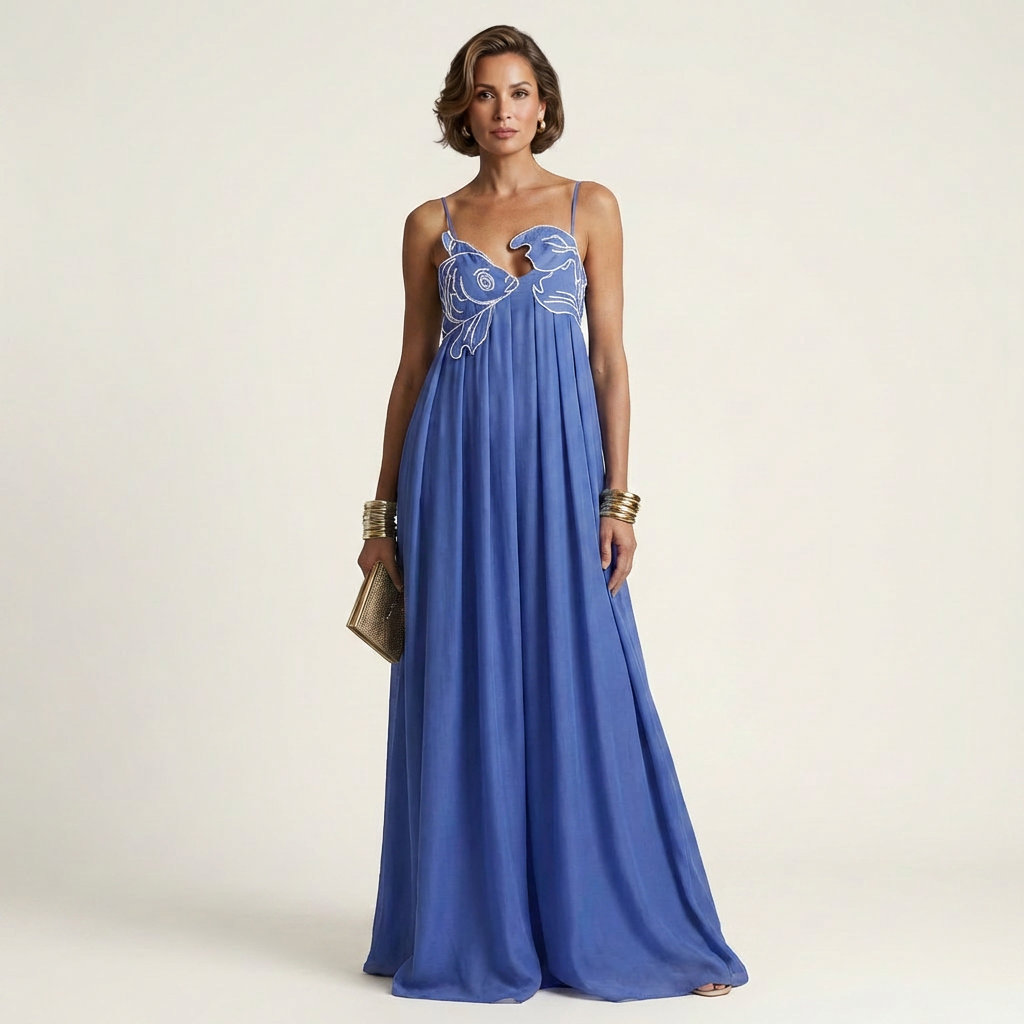 Miriam | Embroidered Fish Keyhole Spaghetti-Strap Maxi Dress