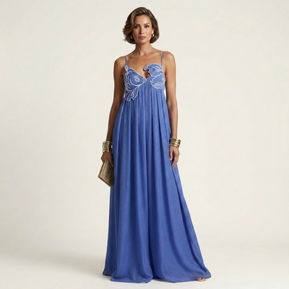 Miriam | Embroidered Fish Keyhole Spaghetti-Strap Maxi Dress