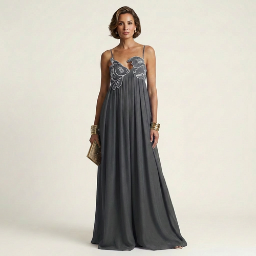 Miriam | Embroidered Fish Keyhole Spaghetti-Strap Maxi Dress
