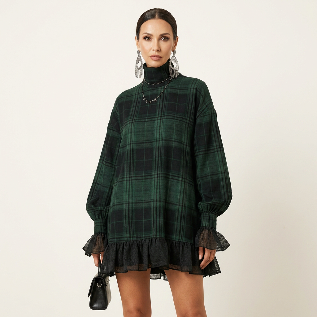 Gavielle | Plaid Turtleneck Lantern-Sleeve Mini Dress with Mesh Ruffle Hem