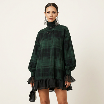 Gavielle | Plaid Turtleneck Lantern-Sleeve Mini Dress with Mesh Ruffle Hem