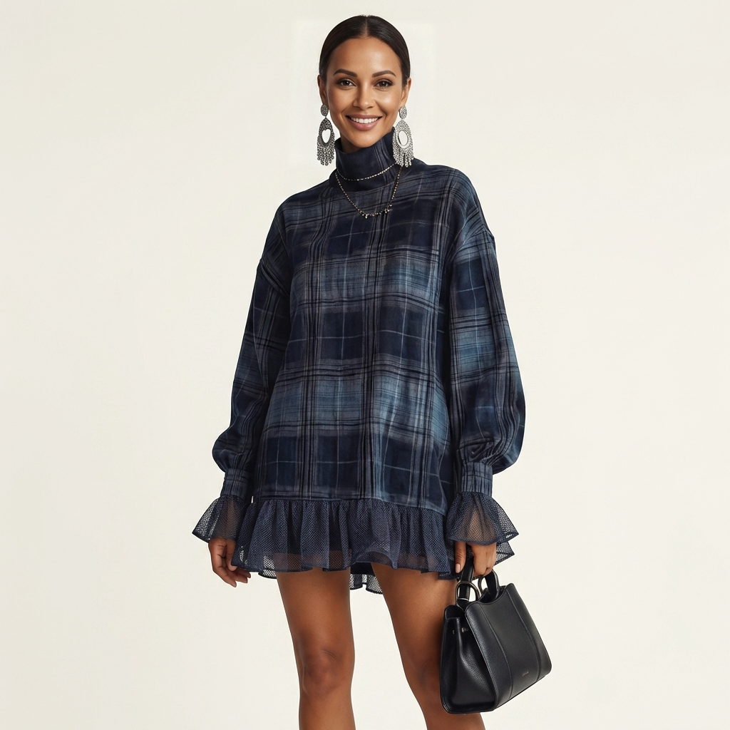 Gavielle | Plaid Turtleneck Lantern-Sleeve Mini Dress with Mesh Ruffle Hem