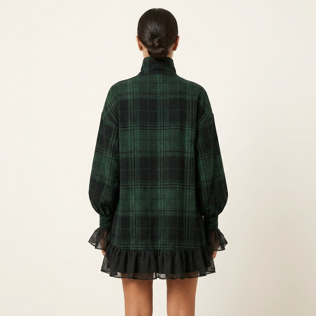Gavielle | Plaid Turtleneck Lantern-Sleeve Mini Dress with Mesh Ruffle Hem