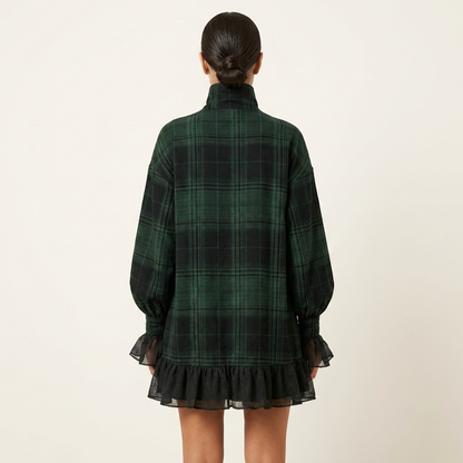 Gavielle | Plaid Turtleneck Lantern-Sleeve Mini Dress with Mesh Ruffle Hem