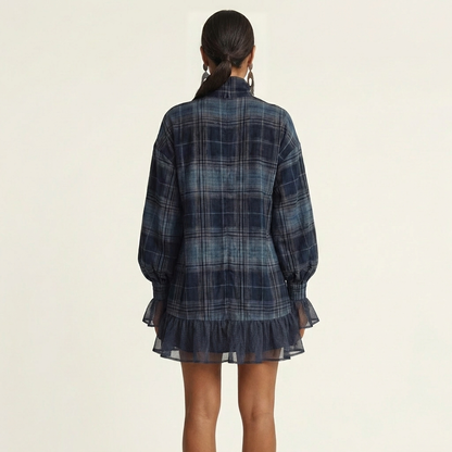 Gavielle | Plaid Turtleneck Lantern-Sleeve Mini Dress with Mesh Ruffle Hem