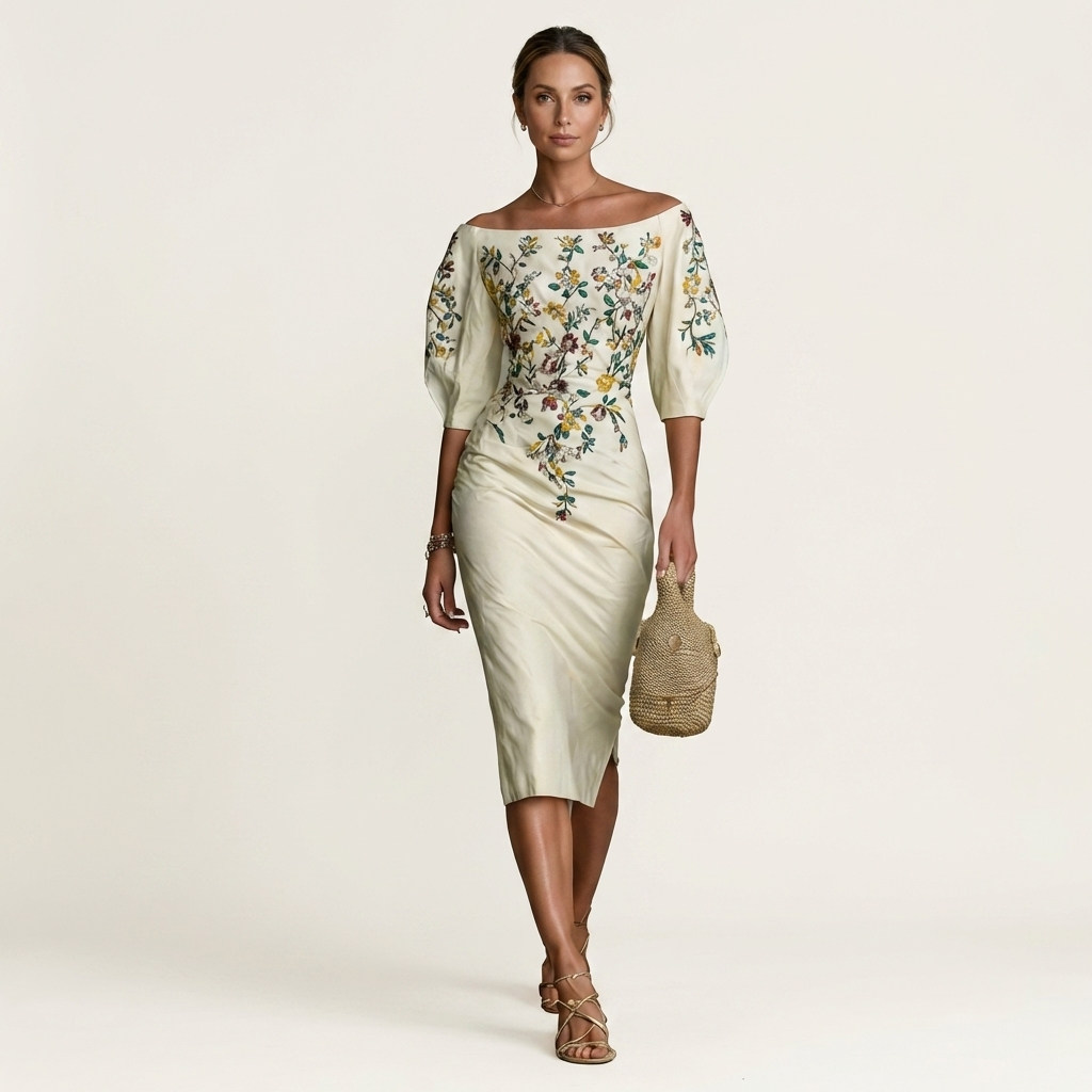 Tonya | Off-Shoulder Floral Embroidered Bodycon Midi Dress
