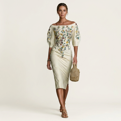 Tonya | Off-Shoulder Floral Embroidered Bodycon Midi Dress