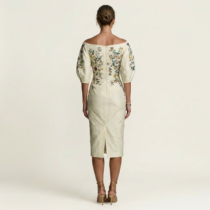 Tonya | Off-Shoulder Floral Embroidered Bodycon Midi Dress