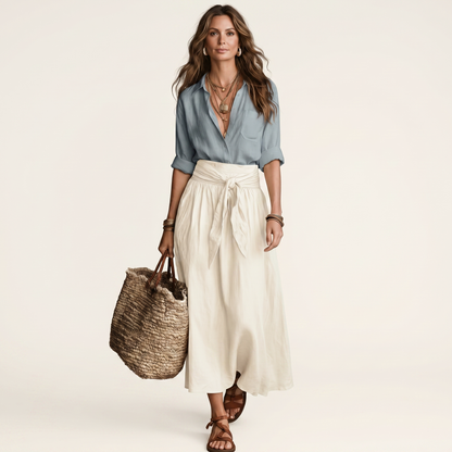 Nissa | Button-Down Shirt and Tie-Waist Maxi Skirt Set