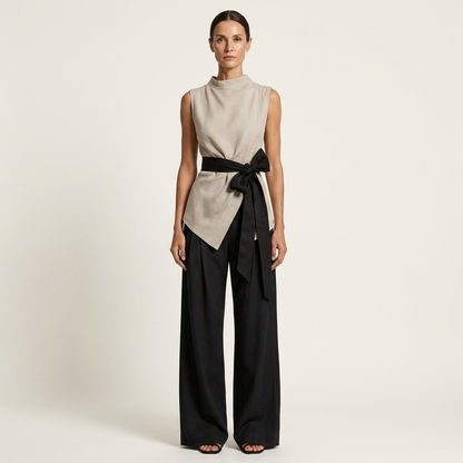Hazel | Asymmetric Sleeveless Top & Wide-Leg Pant Set with Bow Sash