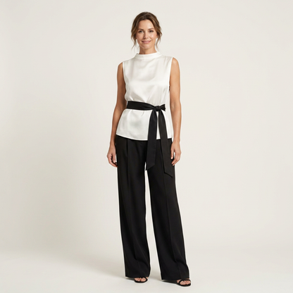 Hazel | Asymmetric Sleeveless Top & Wide-Leg Pant Set with Bow Sash