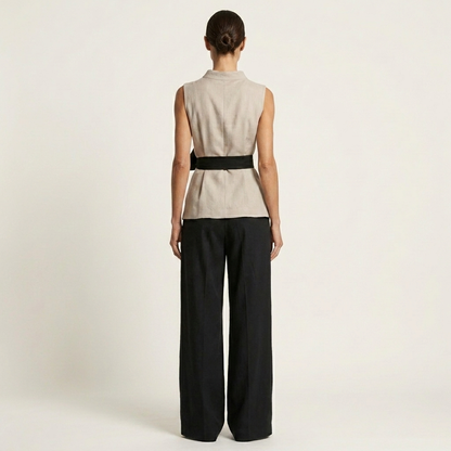 Hazel | Asymmetric Sleeveless Top & Wide-Leg Pant Set with Bow Sash