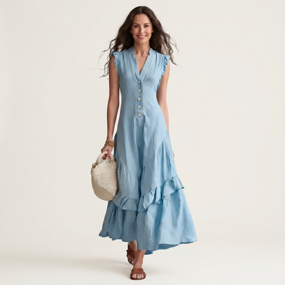 Eleyne | Button-Front Flutter-Sleeve Ruffle-Hem Maxi Dress