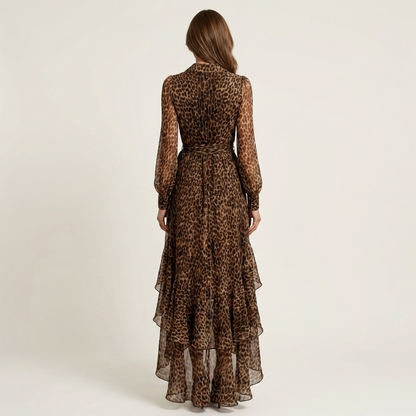 Urielle | Leopard Print Wrap-Style Ruffle Chiffon Maxi Dress