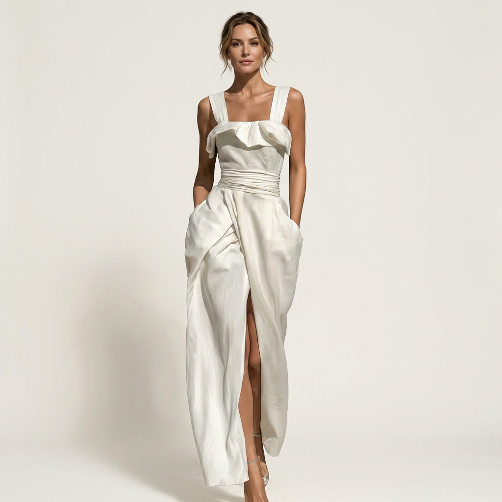 Mirella | Square-Neck Ruched Waist Maxi Dress with Front Slit