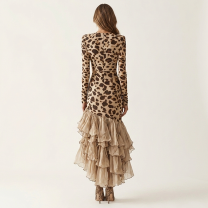 Philina | V-Neck Leopard Print Long-Sleeve Dress with Ruffle Mesh Hem
