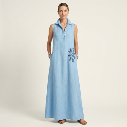 Ayline | Collar-Neck Button-Placket Floral Embroidered Sleeveless Maxi Dress