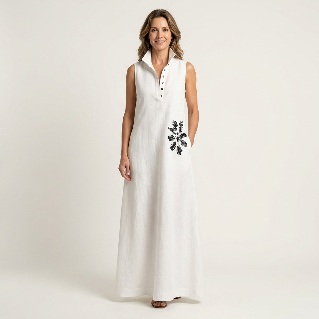 Ayline | Collar-Neck Button-Placket Floral Embroidered Sleeveless Maxi Dress