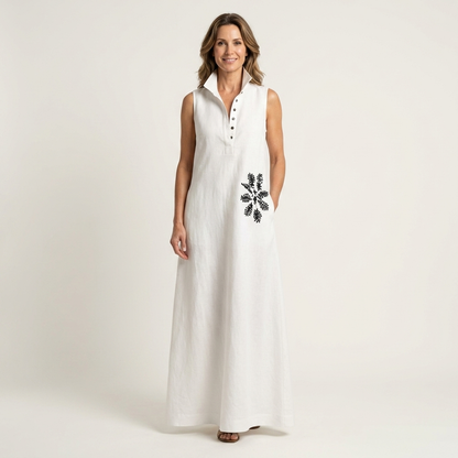 Ayline | Collar-Neck Button-Placket Floral Embroidered Sleeveless Maxi Dress