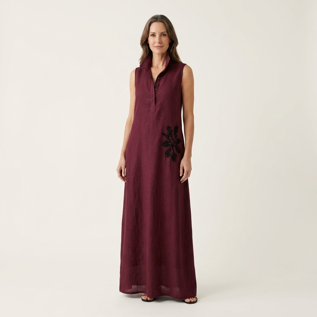 Ayline | Collar-Neck Button-Placket Floral Embroidered Sleeveless Maxi Dress