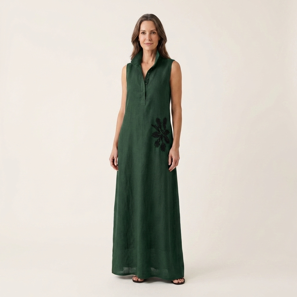 Ayline | Collar-Neck Button-Placket Floral Embroidered Sleeveless Maxi Dress