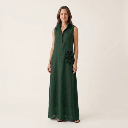 Ayline | Collar-Neck Button-Placket Floral Embroidered Sleeveless Maxi Dress