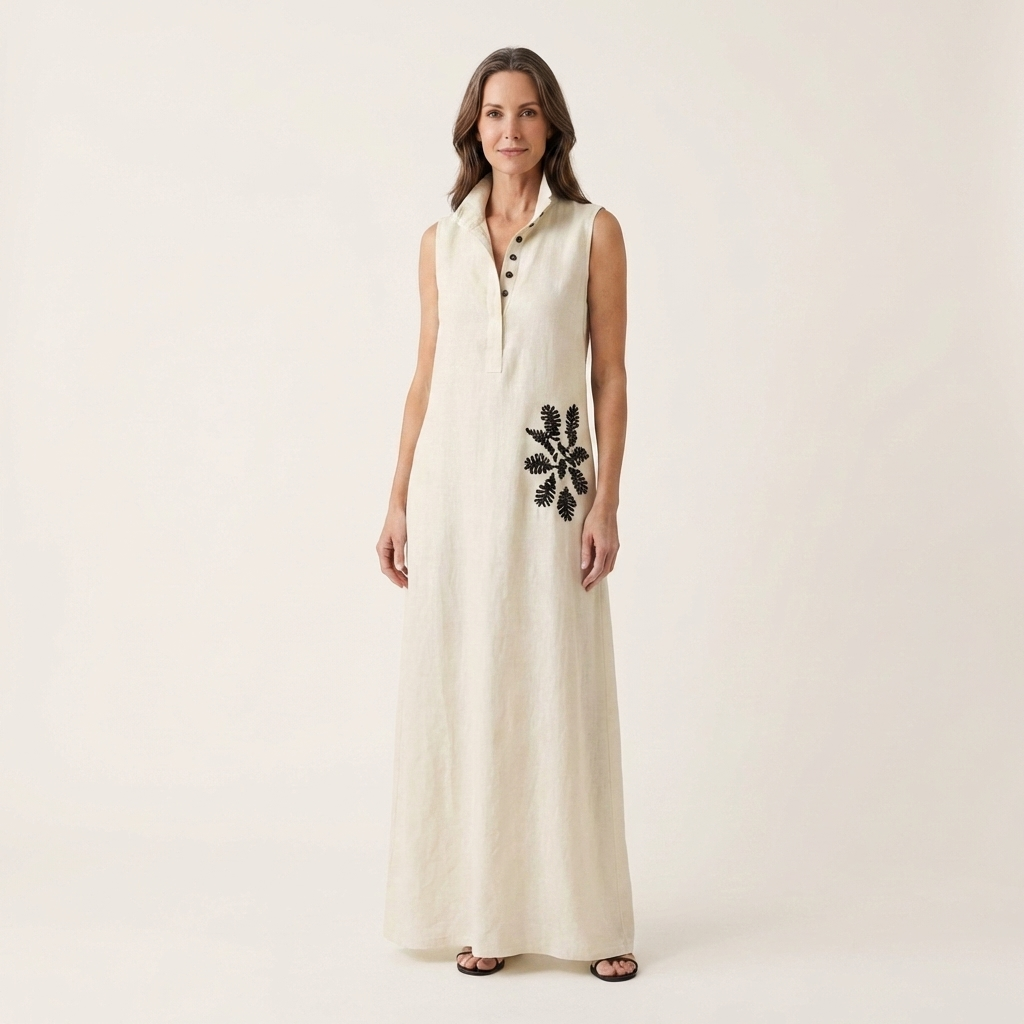 Ayline | Collar-Neck Button-Placket Floral Embroidered Sleeveless Maxi Dress