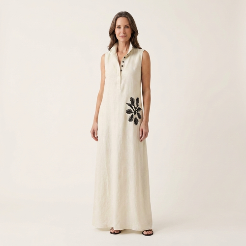 Ayline | Collar-Neck Button-Placket Floral Embroidered Sleeveless Maxi Dress