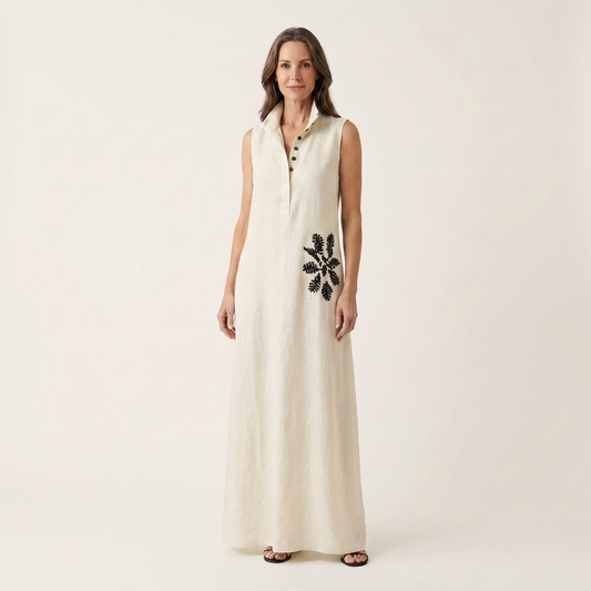 Ayline | Collar-Neck Button-Placket Floral Embroidered Sleeveless Maxi Dress