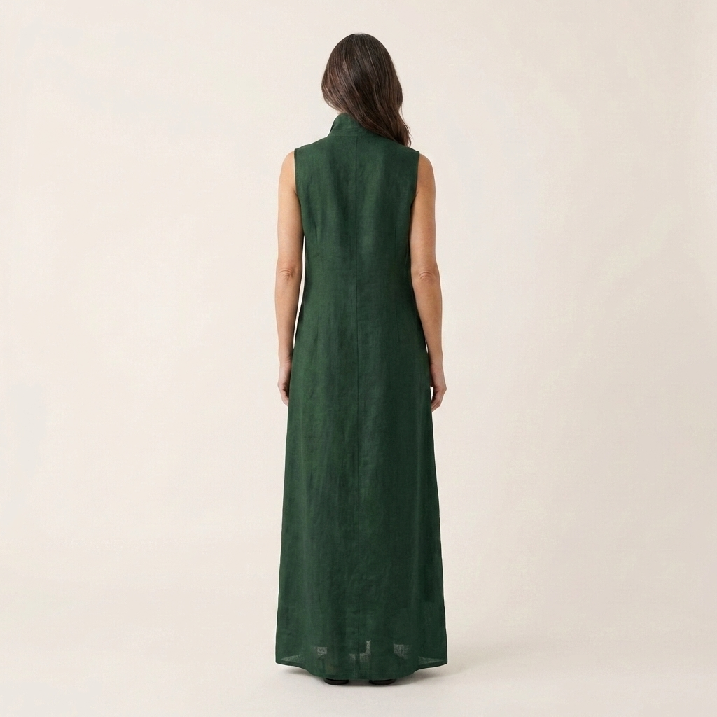 Ayline | Collar-Neck Button-Placket Floral Embroidered Sleeveless Maxi Dress