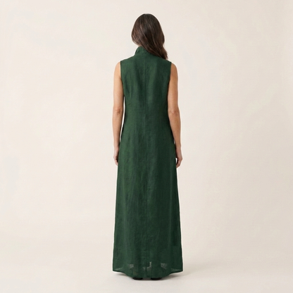 Ayline | Collar-Neck Button-Placket Floral Embroidered Sleeveless Maxi Dress