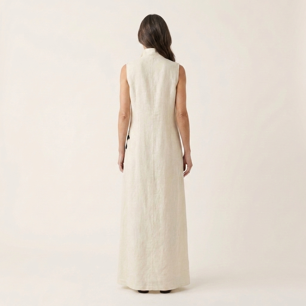 Ayline | Collar-Neck Button-Placket Floral Embroidered Sleeveless Maxi Dress