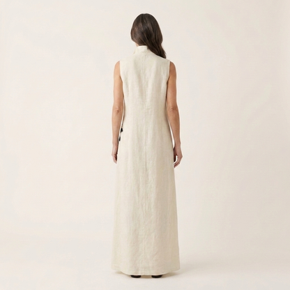 Ayline | Collar-Neck Button-Placket Floral Embroidered Sleeveless Maxi Dress