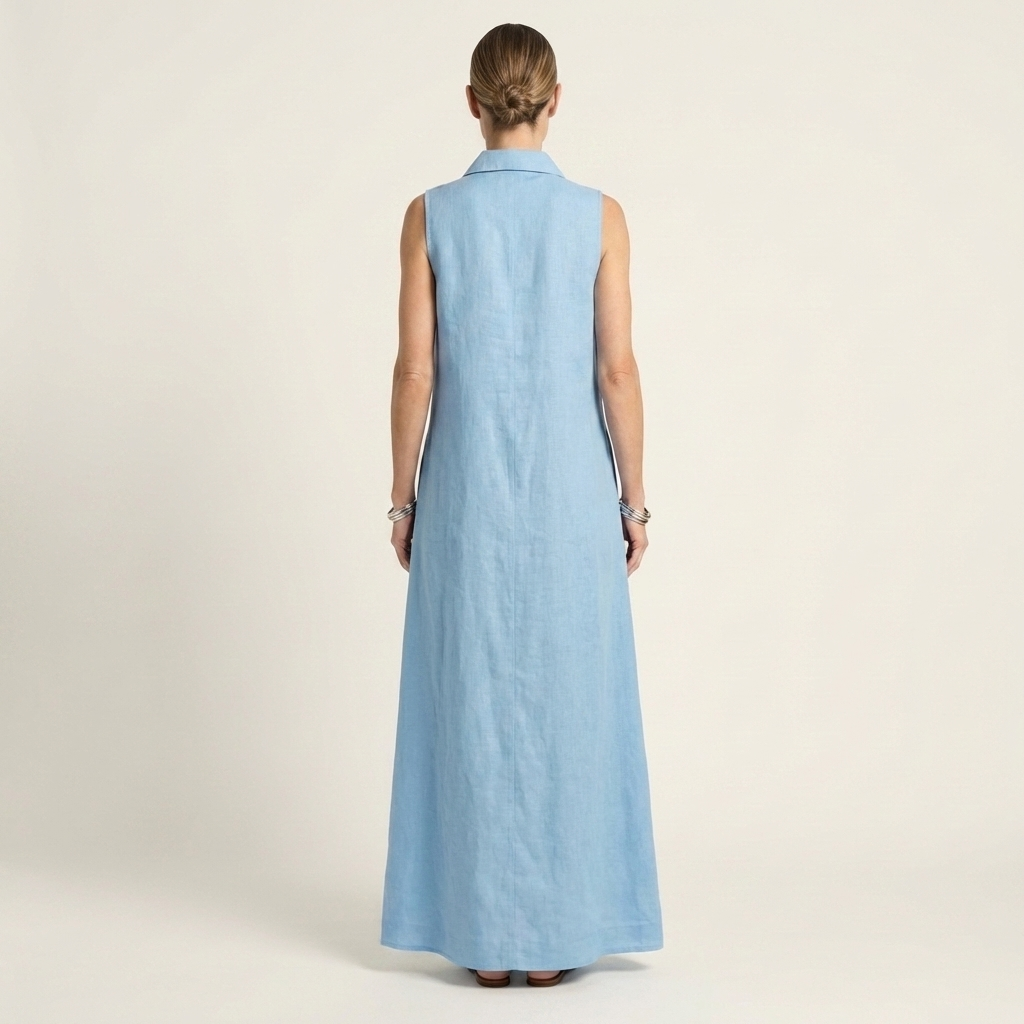 Ayline | Collar-Neck Button-Placket Floral Embroidered Sleeveless Maxi Dress