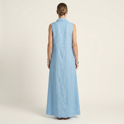 Ayline | Collar-Neck Button-Placket Floral Embroidered Sleeveless Maxi Dress