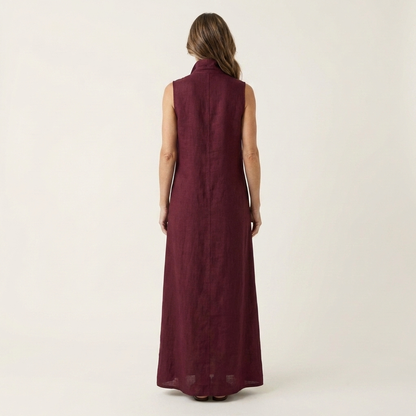 Ayline | Collar-Neck Button-Placket Floral Embroidered Sleeveless Maxi Dress
