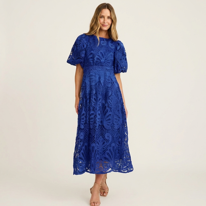 Lenora | Puff-Sleeve Lace Midi Dress with Cinched Waist