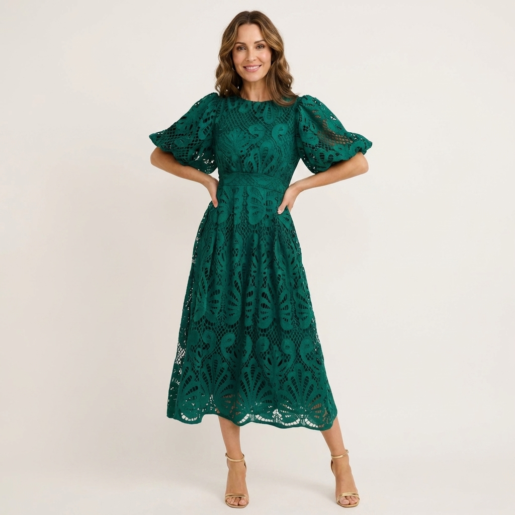Lenora | Puff-Sleeve Lace Midi Dress with Cinched Waist