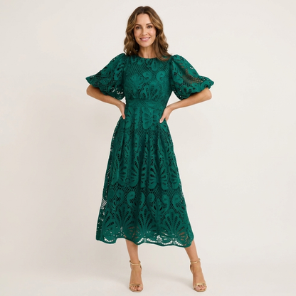 Lenora | Puff-Sleeve Lace Midi Dress with Cinched Waist