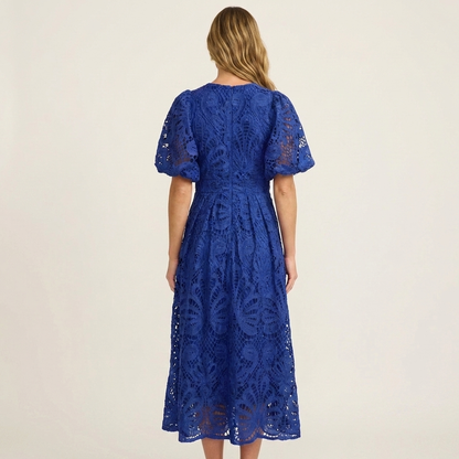 Lenora | Puff-Sleeve Lace Midi Dress with Cinched Waist